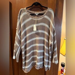 Easel Taupe and Cream Striped Women's Sweater